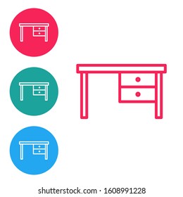 Red line Office desk icon isolated on white background. Set icons in circle buttons. Vector Illustration