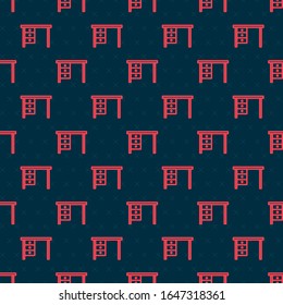 Red line Office desk icon isolated seamless pattern on black background.  Vector Illustration