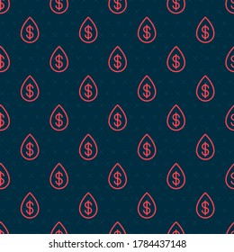 Red line Oil drop with dollar symbol icon isolated seamless pattern on black background.  Vector Illustration