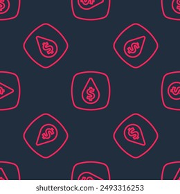 Línea roja Gota de aceite con el icono del símbolo del dólar aislado patrón sin fisuras sobre fondo negro. Precio de aceite. Petróleo e industria petrolera.  Vector