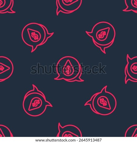 Red line Oil drop with dollar symbol icon isolated seamless pattern on black background. Oil price. Oil and petroleum industry.  Vector