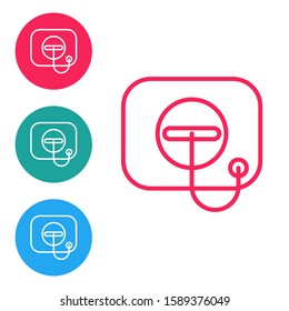 Red line Oil filler cap opening at the gas station icon isolated on white background. Set icons in circle buttons. Vector Illustration