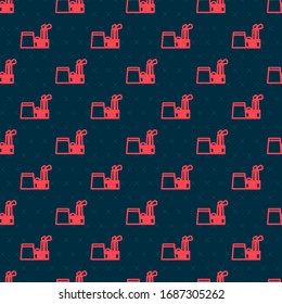 Red line Oil and gas industrial factory building icon isolated seamless pattern on black background.  Vector Illustration
