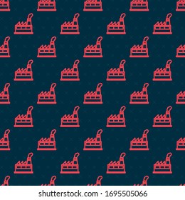 Red line Oil and gas industrial factory building icon isolated seamless pattern on black background.  Vector Illustration