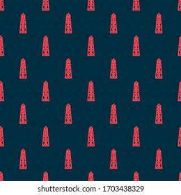 Red line Oil rig with fire icon isolated seamless pattern on black background. Gas tower. Industrial object.  Vector Illustration