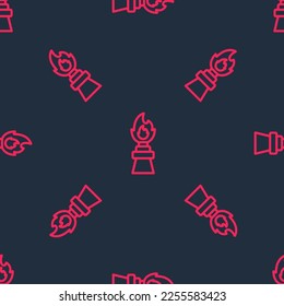 Red line Oil rig with fire icon isolated seamless pattern on black background. Fire accident. Gas tower. Industrial object.  Vector