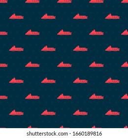 Red line Oil tanker ship icon isolated seamless pattern on black background.  Vector Illustration