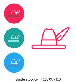 Red line Oktoberfest hat icon isolated on white background. Hunter hat with feather. German hat. Set icons in circle buttons. Vector Illustration