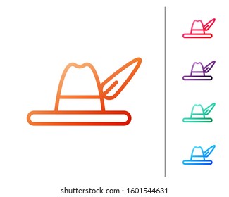 Red line Oktoberfest hat icon isolated on white background. Hunter hat with feather. German hat. Set color icons. Vector Illustration