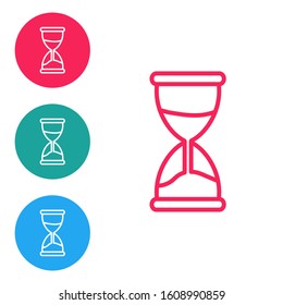 Red line Old hourglass with flowing sand icon isolated on white background. Sand clock sign. Business and time management concept. Set icons in circle buttons. Vector Illustration