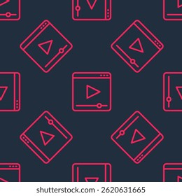 Red line Online play video icon isolated seamless pattern on black background. Film strip with play sign.  Vector