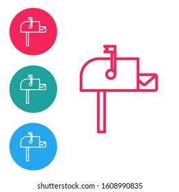 Red line Open mail box icon isolated on white background. Mailbox icon. Mail postbox on pole with flag. Set icons in circle buttons. Vector Illustration