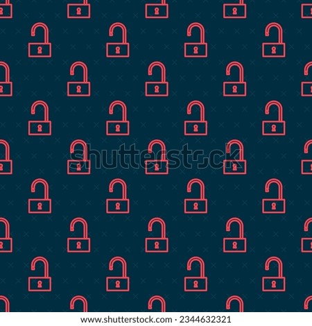 Red line Open padlock icon isolated seamless pattern on black background. Opened lock sign. Cyber security concept. Digital data protection.  Vector Illustration