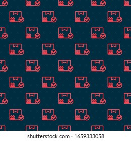 Red line Package box with check mark icon isolated seamless pattern on black background. Parcel box. Approved delivery or successful package receipt.  Vector Illustration