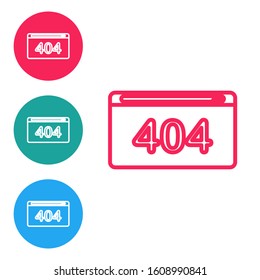 Red line Page with a 404 error icon isolated on white background. Template reports that the page is not found. Set icons in circle buttons. Vector Illustration