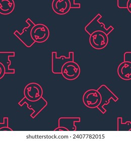 Red line Paper shopping bag with recycle icon isolated seamless pattern on black background. Bag with recycling symbol.  Vector
