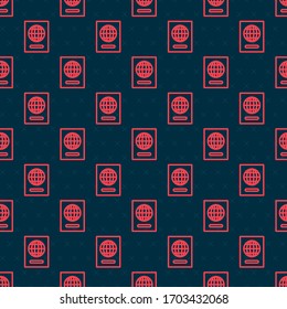 Red line Passport with biometric data icon isolated seamless pattern on black background. Identification Document.  Vector Illustration