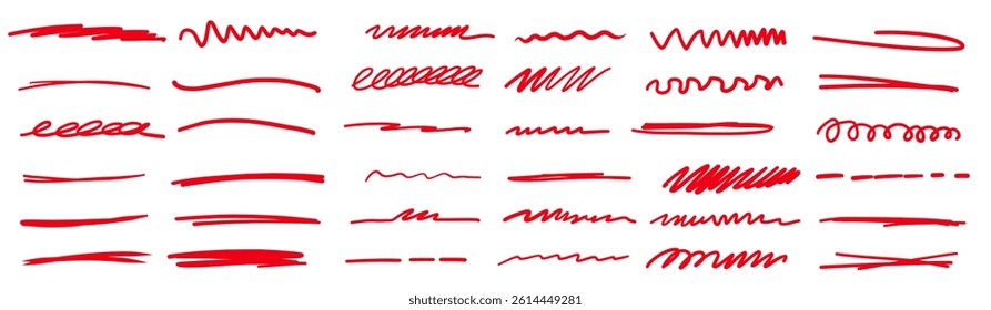 Red line pen strokes, shapes, highlight underline lines isolated on white background. Simple charcoal chalk crayon calligraphy effects ideal for business, school presentation designs
