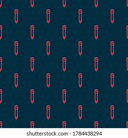 Red line Pencil with eraser icon isolated seamless pattern on black background. Drawing and educational tools. School office symbol.  Vector Illustration