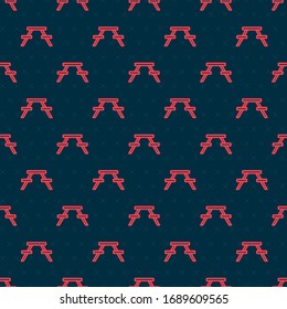Red line Picnic table with benches on either side of the table icon isolated seamless pattern on black background.  Vector Illustration