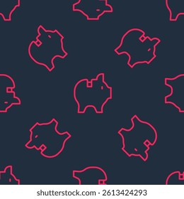 Red line Piggy bank icon isolated seamless pattern on black background. Icon saving or accumulation of money, investment.  Vector
