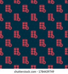 Píldoras de la línea roja en el icono del blister pack aisladas sin fisuras en el fondo negro. Paquete medicamentoso para comprimidos, vitamina, antibiótico, aspirina.  Ilustración vectorial