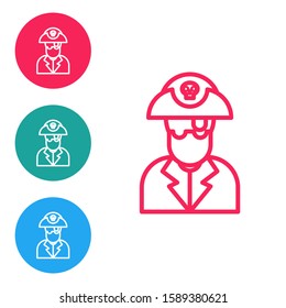 Red line Pirate captain icon isolated on white background. Set icons in circle buttons. Vector Illustration