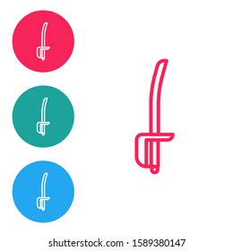 Red line Pirate sword icon isolated on white background. Sabre sign. Set icons in circle buttons. Vector Illustration