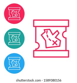 Red line Pirate treasure map icon isolated on white background. Set icons in circle buttons. Vector Illustration
