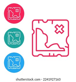 Red line Pirate treasure map icon isolated on white background. Set icons in circle buttons. Vector