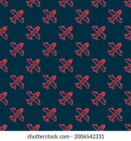 Red line Plane icon isolated seamless pattern on black background. Flying airplane icon. Airliner sign.  Vector