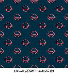 Red line Planet Saturn with planetary ring system icon isolated seamless pattern on black background.  Vector