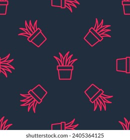 Red line Plant in pot icon isolated seamless pattern on black background. Plant growing in a pot. Potted plant sign.  Vector
