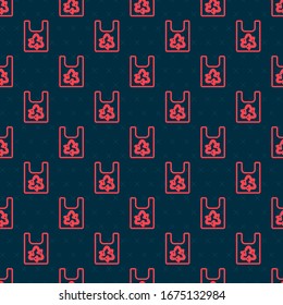 Red line Plastic bag with recycle icon isolated seamless pattern on black background. Bag with recycling symbol.  Vector Illustration