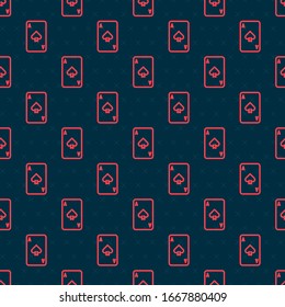 Red line Playing card with spades symbol icon isolated seamless pattern on black background. Casino gambling.  Vector Illustration