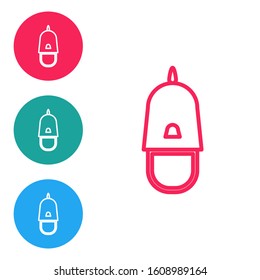 Red line Police cap with cockade icon isolated on white background. Police hat sign. Set icons in circle buttons. Vector Illustration