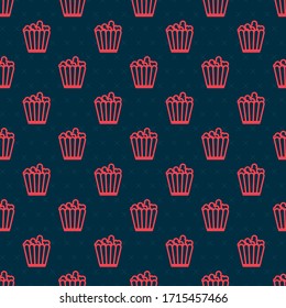 Red line Popcorn in cardboard box icon isolated seamless pattern on black background. Popcorn bucket box.  Vector Illustration