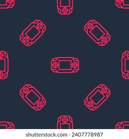 Red line Portable video game console icon isolated seamless pattern on black background. Handheld console gaming.  Vector