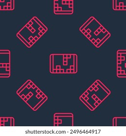 Red line Portable video game console icon isolated seamless pattern on black background. Handheld console gaming.  Vector