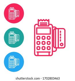 Red line POS terminal with inserted credit card and printed reciept icon isolated on white background. NFC payment concept. Set icons in circle buttons. Vector Illustration
