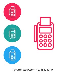 Red line POS terminal with inserted credit card and printed reciept icon isolated on white background. NFC payment concept. Set icons in circle buttons. Vector Illustration