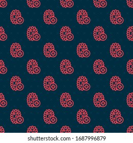 Red line Positive virus icon isolated seamless pattern on black background. Corona virus 2019-nCoV. Bacteria and germs, cell cancer, microbe, fungi.  Vector Illustration