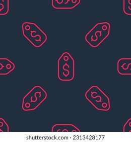 Red line Price tag with dollar icon isolated seamless pattern on black background. Badge for price. Sale with dollar symbol. Promo tag discount.  Vector