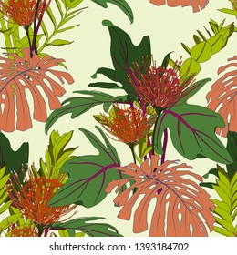 Red line protea flowers with exotic orange monstera and green tropical leaves, light blue background. Floral seamless pattern. Tropical illustration. Summer beach design. Paradise nature. 