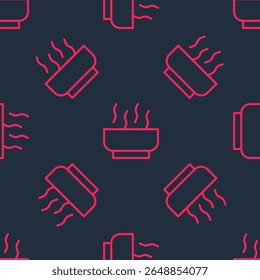 Red line Ramen soup bowl with noodles icon isolated seamless pattern on black background. Bowl of traditional asian noodle soup.  Vector