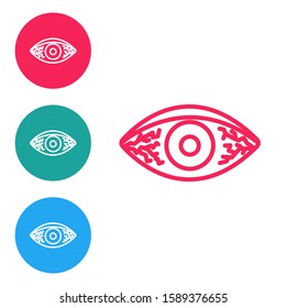 Red line Reddish eye due to viral, bacterial or allergic conjunctivitis icon isolated on white background. Set icons in circle buttons. Vector Illustration