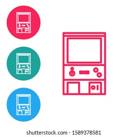 Red line Retro arcade game machine icon isolated on white background. Set icons in circle buttons. Vector Illustration