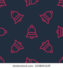Red line Ringing bell icon isolated seamless pattern on black background. Alarm symbol, service bell, handbell sign, notification symbol.  Vector
