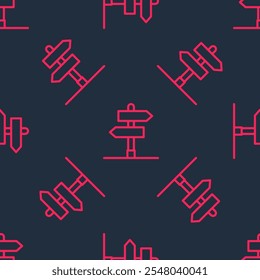 Red line Road traffic sign. Signpost icon isolated seamless pattern on black background. Pointer symbol. Isolated street information sign. Direction sign.  Vector