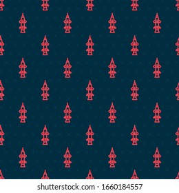 Red line Rocket icon isolated seamless pattern on black background.  Vector Illustration
